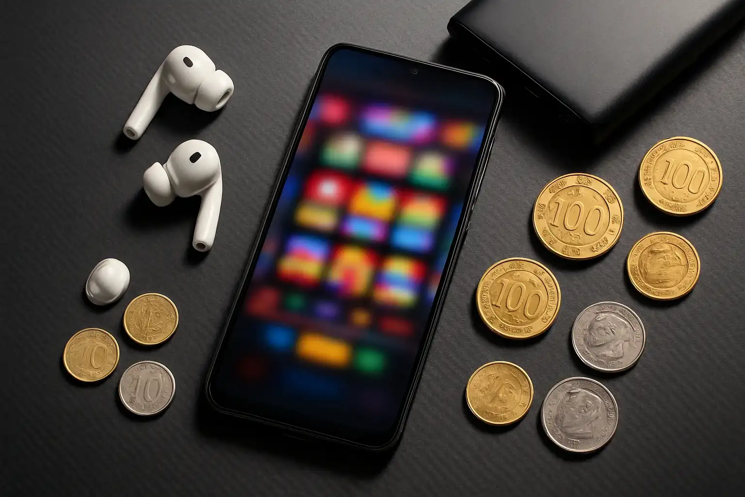 Ultra-realistic flat-lay of Android casino app with chips and peso coins