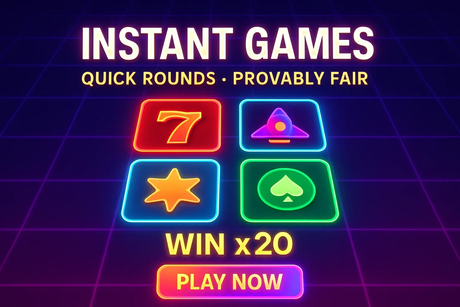 Instant games ad banner with neon grid, glowing tiles, CTA button