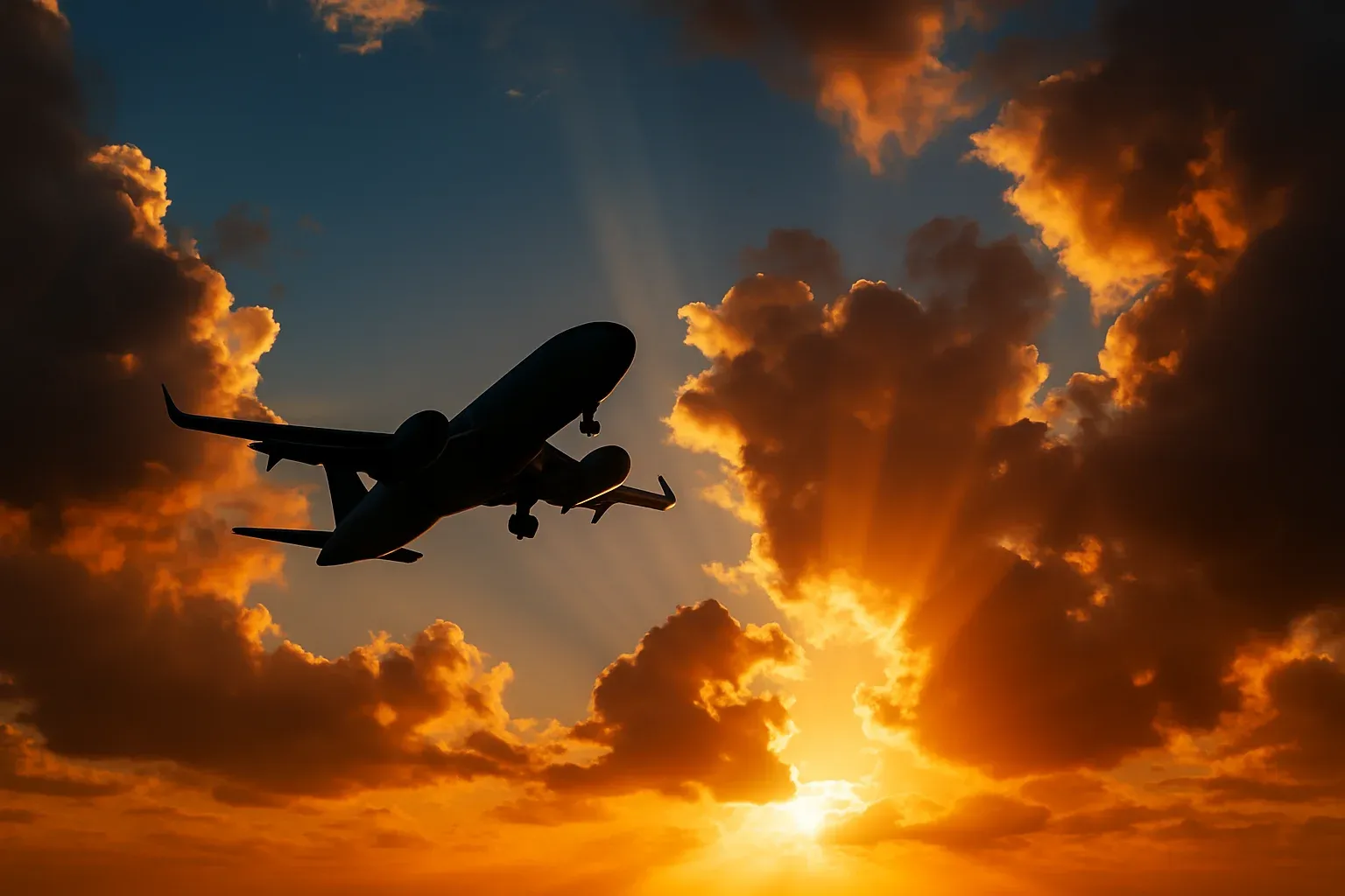 Modern airplane silhouette ascending through golden-hour clouds with dramatic sun rays