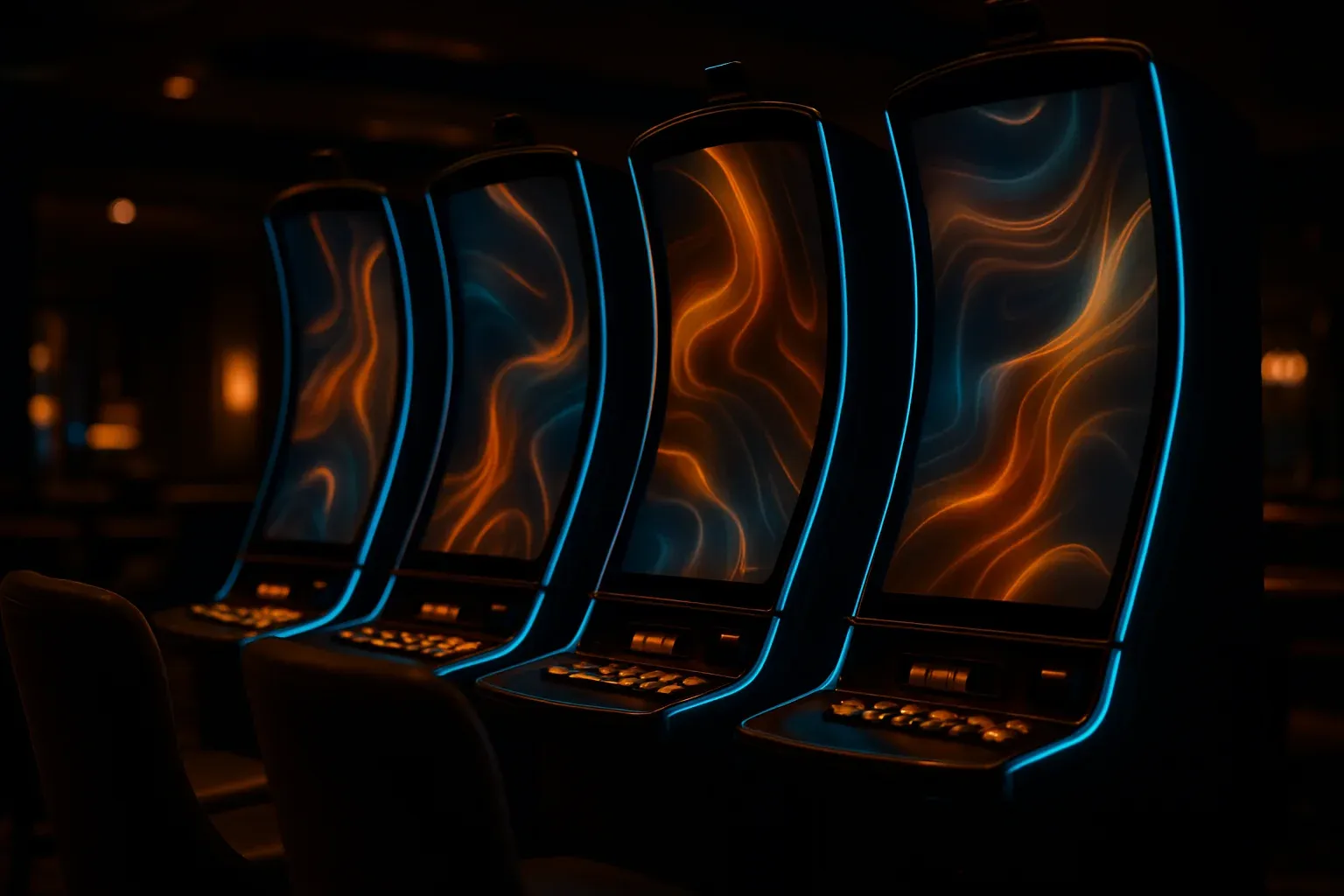 Ultra-realistic curved slot screens glowing in dark blue and gold lounge