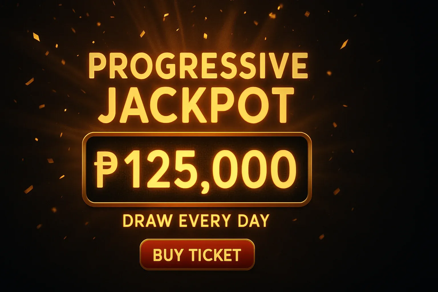 Progressive jackpot lottery banner with glowing amount, confetti, and CTA button