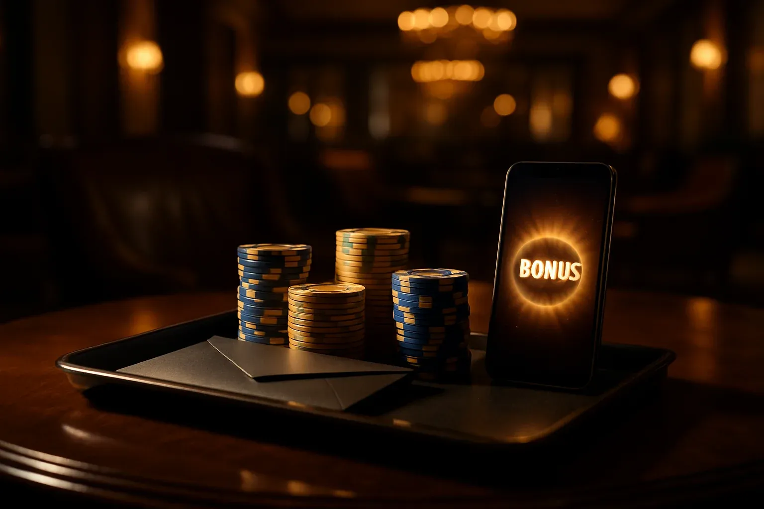 VIP casino bonus tray with blue gold chips and smartphone in luxury lounge