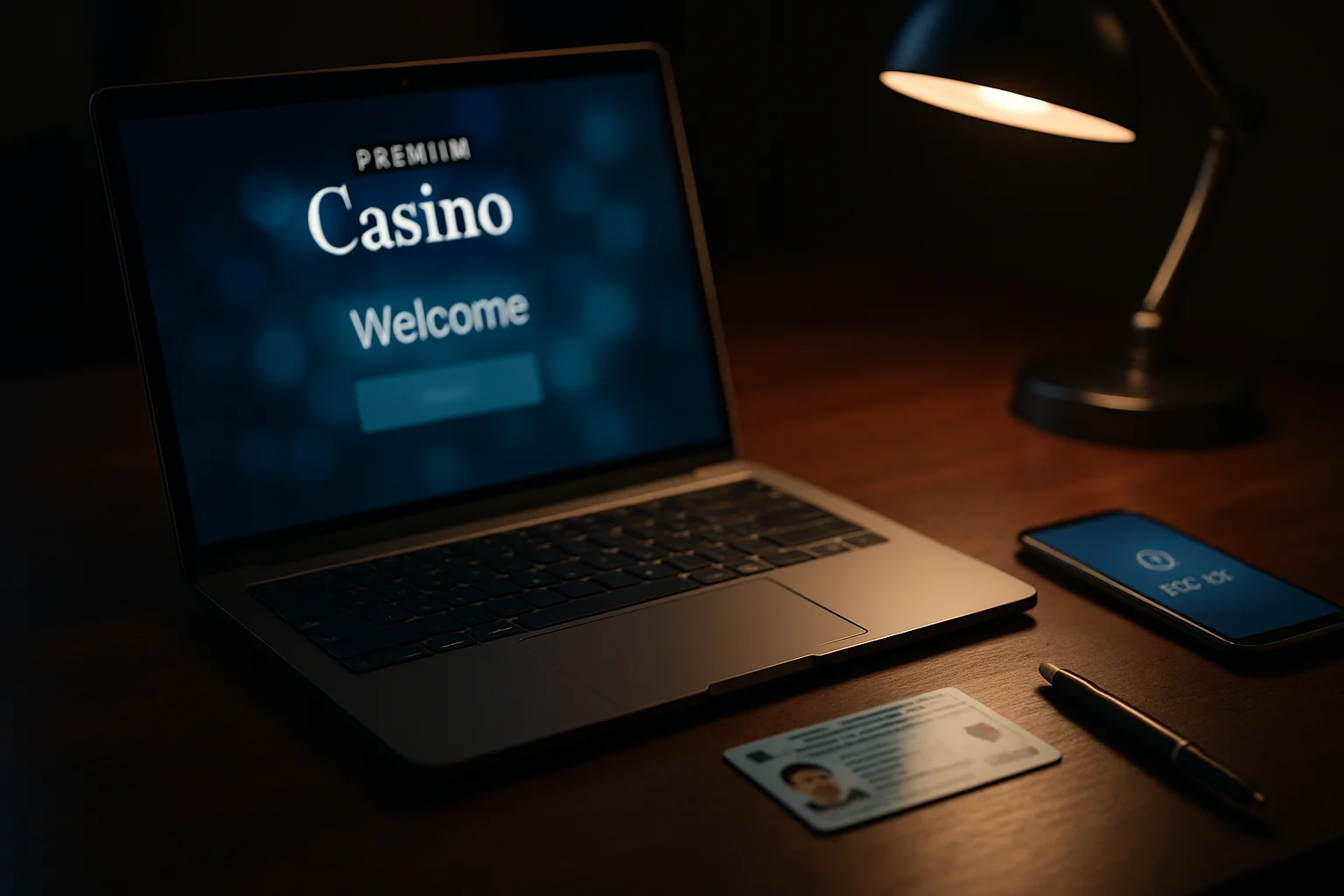 Premium online casino registration on laptop with ID card and phone