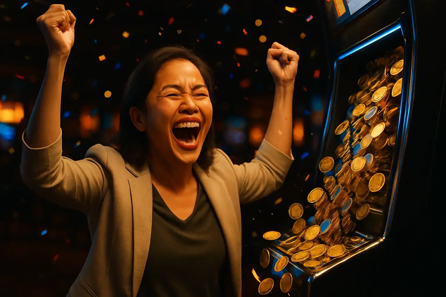 Filipino woman celebrating slot machine jackpot as golden coins and confetti fall