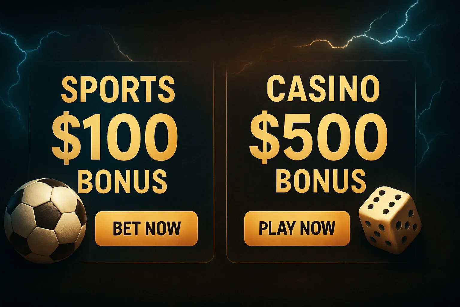 Dark sports betting banner with blue lightning, bonus boxes, CTA buttons