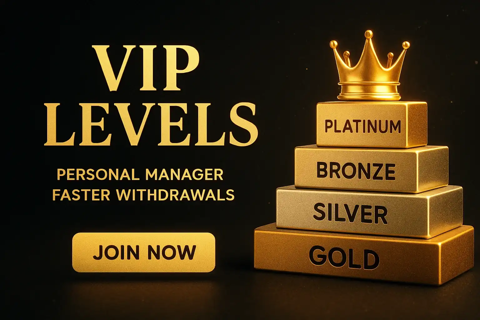 Black and gold casino VIP tiers banner with crown and CTA button